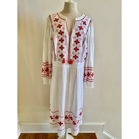 BODEN Marla Embroidered Dress 16 White Gauze Midi Boho Tassels Zip Beach Chic - Picture 1 of 16